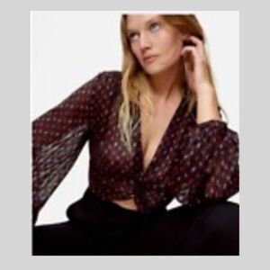 Zara Cropped Faux Wrap Puffy Long Sleeve Marti Gra Design Blouse
